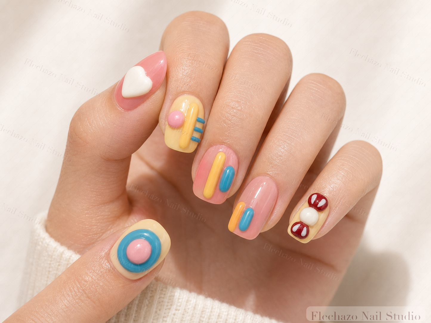 Colorful 3D Pastel Press-On Nails worn on a model hand