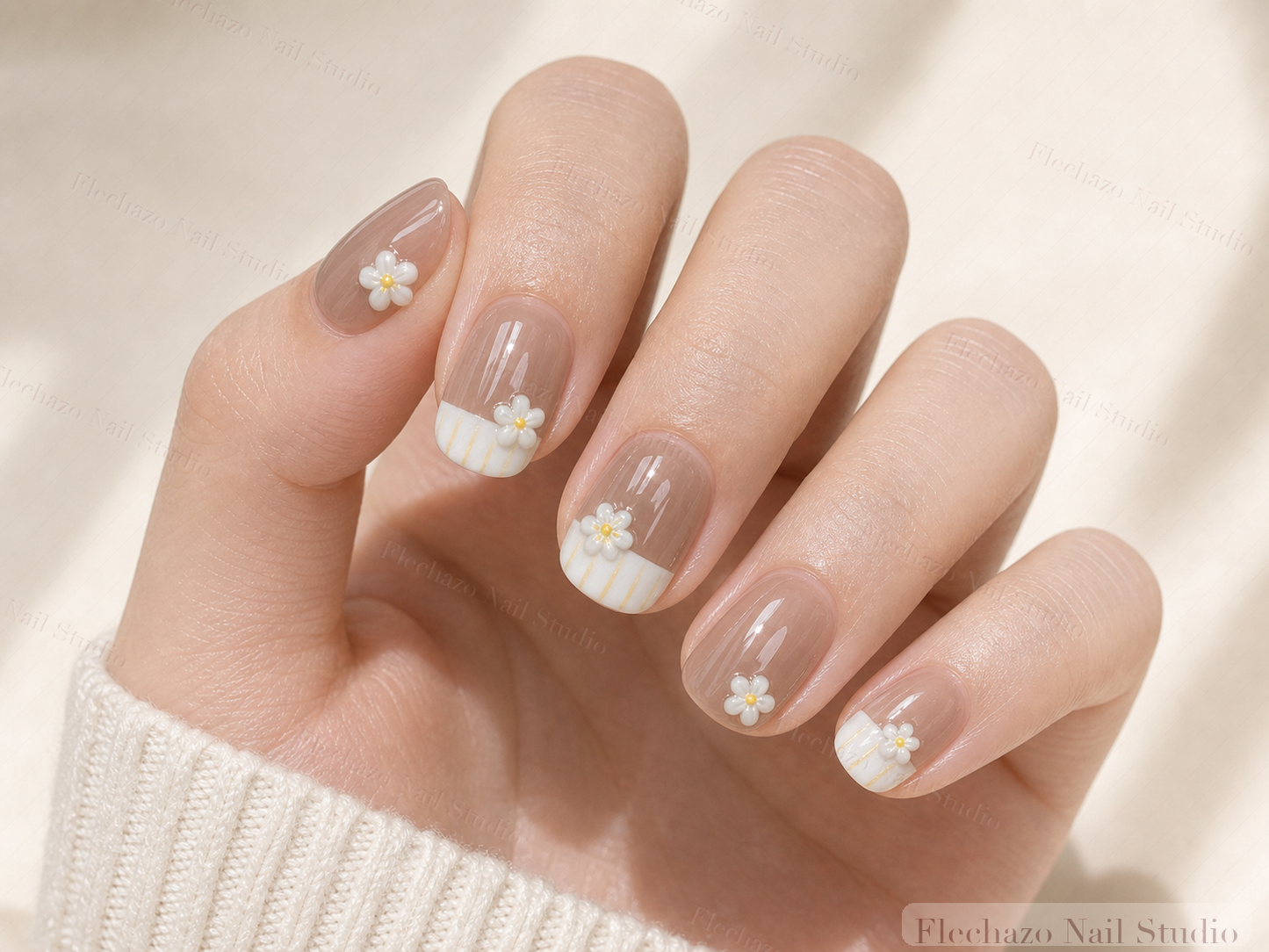 Taupe White Shell Floral French Press-On Nails worn on a model hand