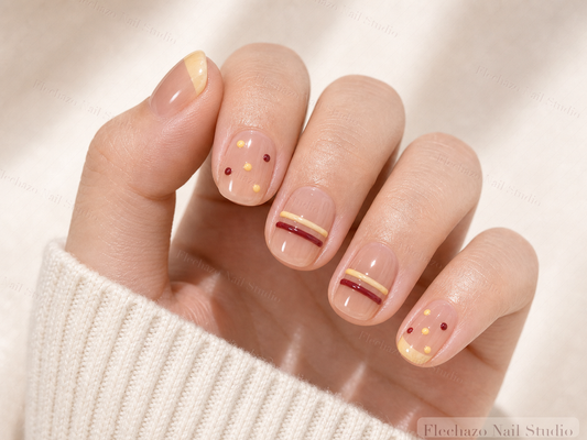 Lemon Yellow Stripe Dot French Press-On Nails worn on a model hand