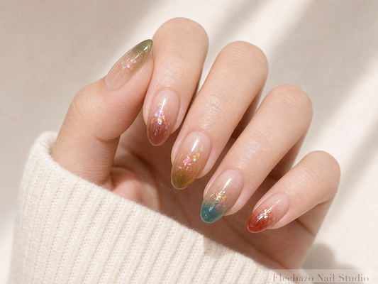 Translucent Nude Multicolor Cat Eye Press-On Nails worn on a model hand