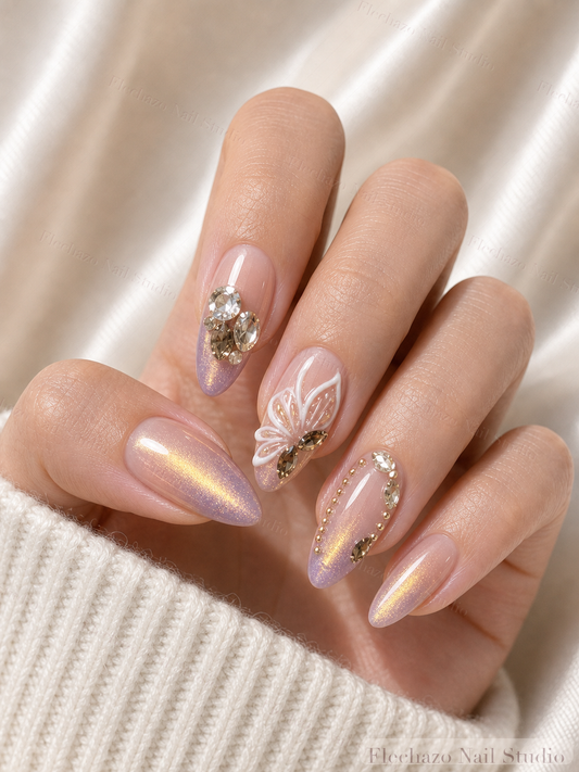 Blush Pink Pearl Bow Floral Press-On Nails worn on a model hand