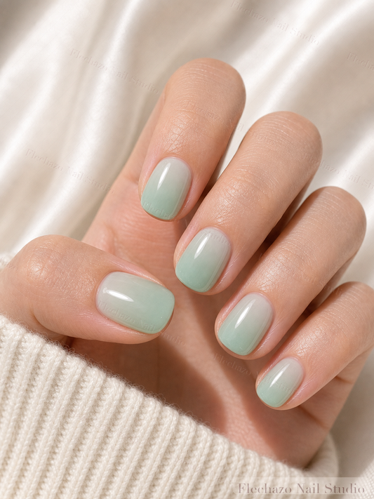 Glossy Mint Green Minimalist Press-On Nails worn on a model hand