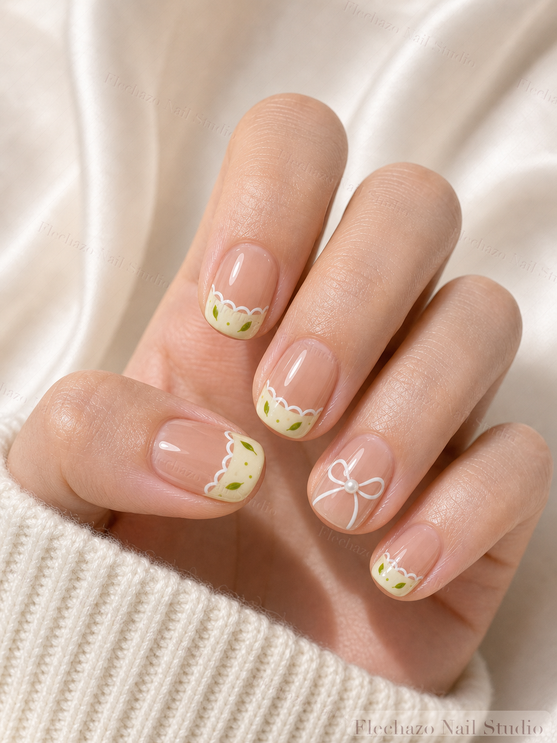 Peach Pink Lemon Floral Press-On Nails worn on a model hand