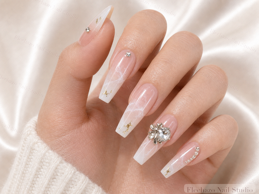 Blush White Floral Crystal Ribbon Press-On Nails worn on a model hand