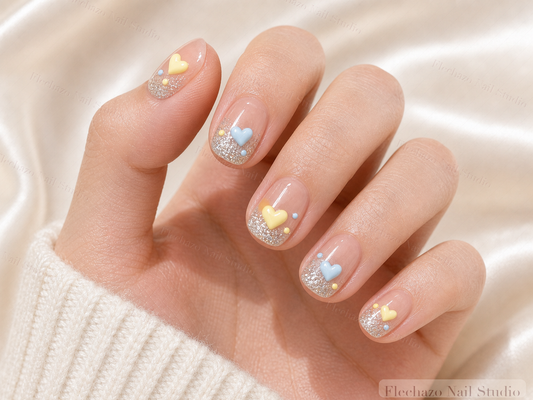 Nude Holographic Moon Star Press-On Nails worn on a model hand