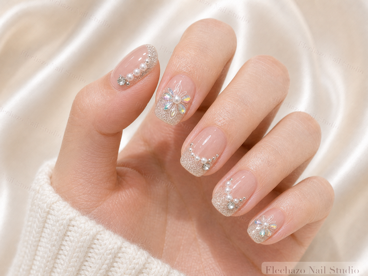 Nude Silver Butterfly Rhinestone Press-On Nails worn on a model hand