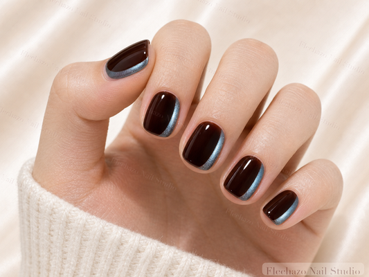 Espresso Brown Chrome Tip Press-On Nails worn on a model hand
