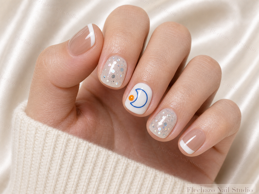 Holographic Glitter Flakes Blue Curved Press-On Nails worn on a model hand