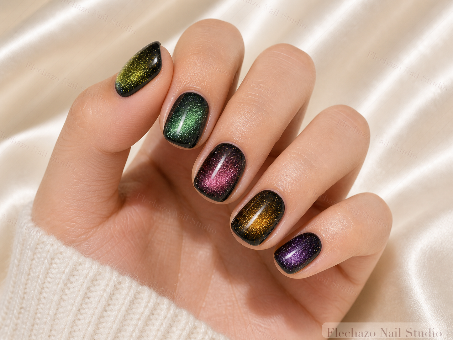 Shifting Green Gold Pink Purple Press-On Nails worn on a model hand