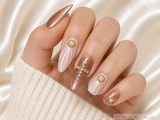 Gold Ring Rhinestone Clusters Pearly Press-On Nails worn on a model hand
