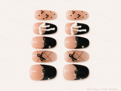 Black Nude Bow Pearl Press-On Nails handmade press-on nail set, product view
