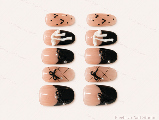 Black Nude Bow Pearl Press-On Nails handmade press-on nail set, product view