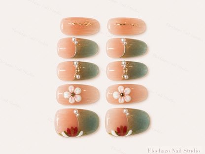 Sage Pearl Floral Press-On Nails handmade press-on nail set, product view