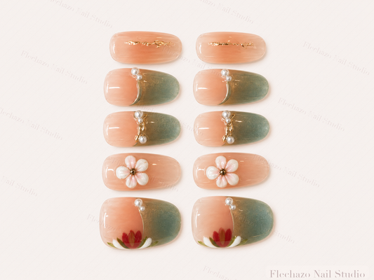 Sage Pearl Floral Press-On Nails handmade press-on nail set, product view