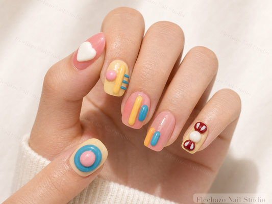 Colorful 3D Pastel Press-On Nails worn on a model hand