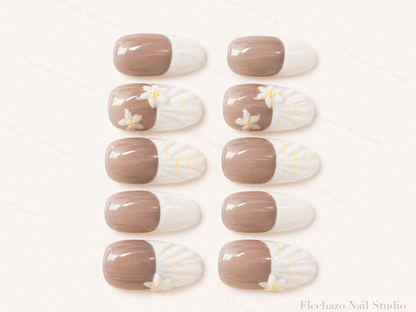 Taupe White Shell Floral French Press-On Nails handmade press-on nail set, product view