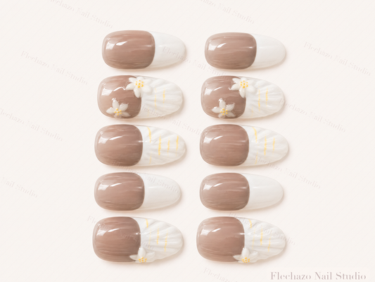 Taupe White Shell Floral French Press-On Nails handmade press-on nail set, product view