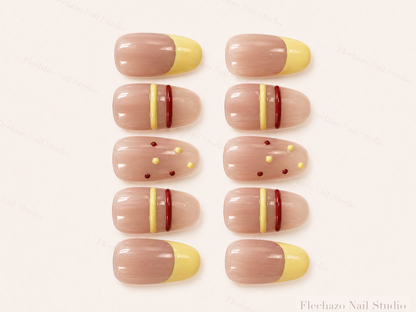 Lemon Yellow Stripe Dot French Press-On Nails handmade press-on nail set, product view