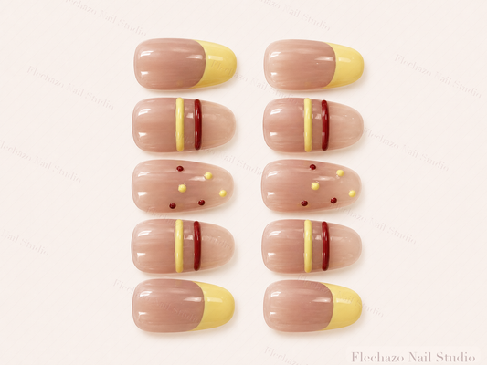 Lemon Yellow Stripe Dot French Press-On Nails handmade press-on nail set, product view