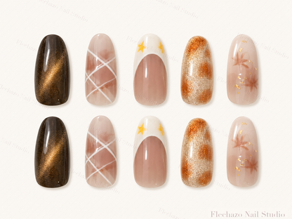 Black Gold Cat Eye Mixed Star Press-On Nails handmade press-on nail set, product view