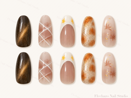 Black Gold Cat Eye Mixed Star Press-On Nails handmade press-on nail set, product view