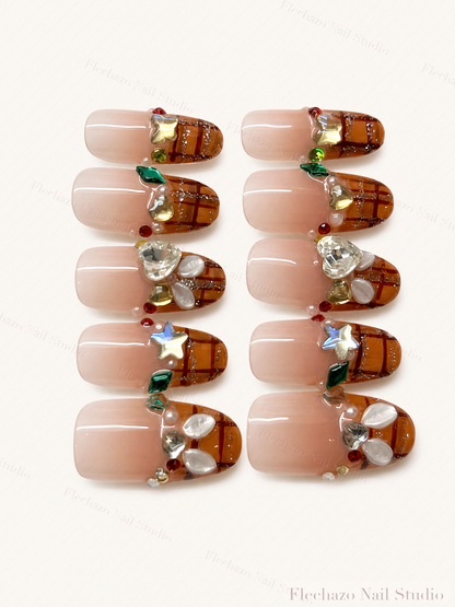 Nude Pink Amber Plaid Metallic Press-On Nails handmade press-on nail set, product view