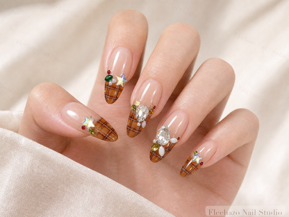 Nude Pink Amber Plaid Metallic Press-On Nails worn on a model hand