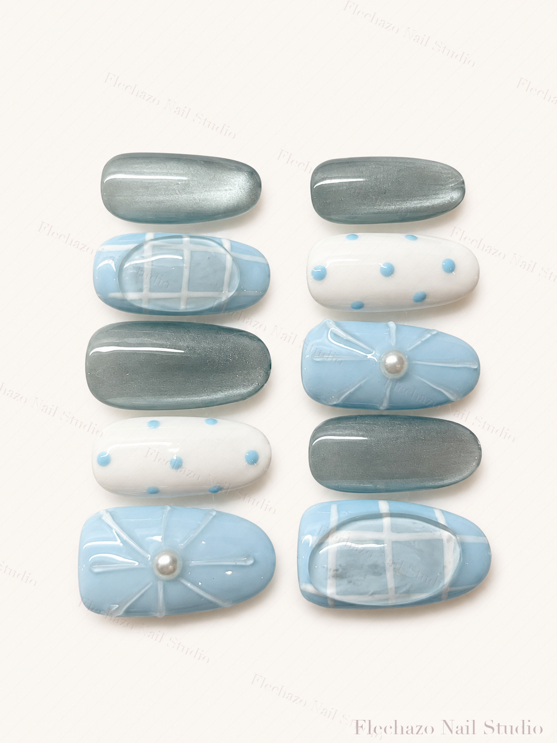 Blue Teal White Gel Raised Press-On Nails handmade press-on nail set, product view