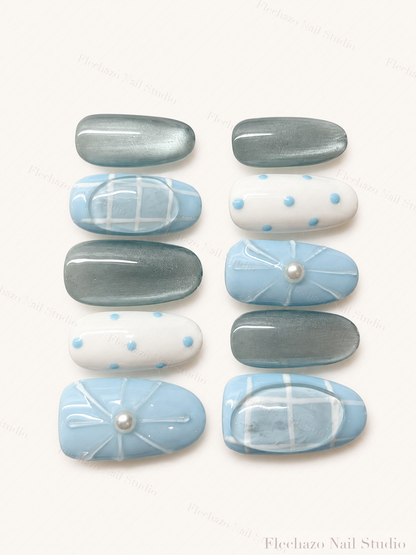 Blue Teal White Gel Raised Press-On Nails handmade press-on nail set, product view