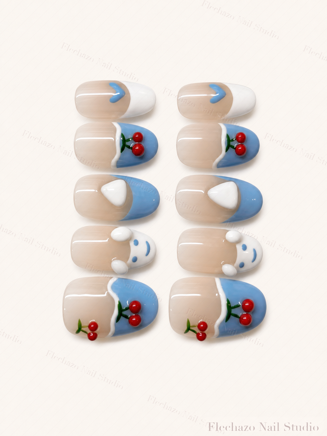 Nude Soft Blue Cherry White Press-On Nails handmade press-on nail set, product view