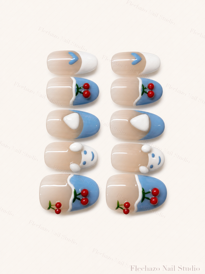 Nude Soft Blue Cherry White Press-On Nails handmade press-on nail set, product view