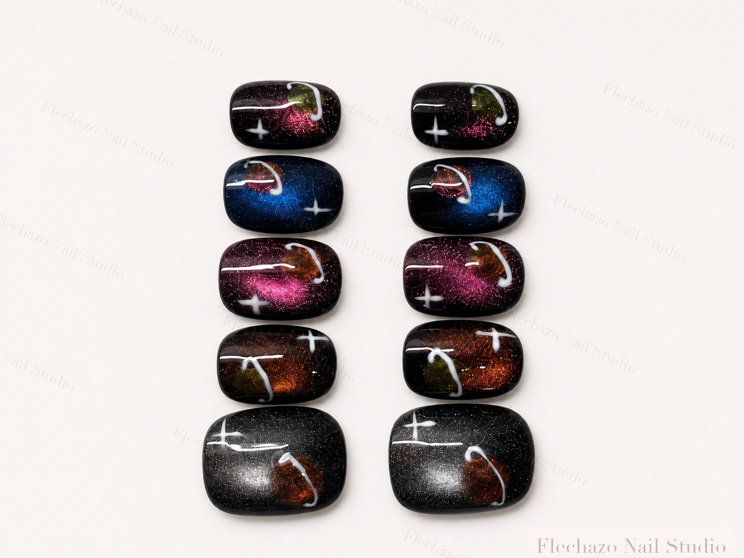 Black Multicolor Cat Eye Galaxy Press-On Nails handmade press-on nail set, product view