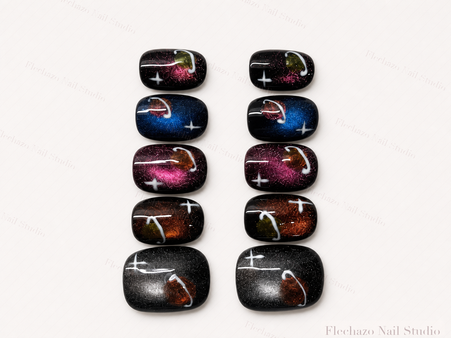 Black Multicolor Cat Eye Galaxy Press-On Nails handmade press-on nail set, product view