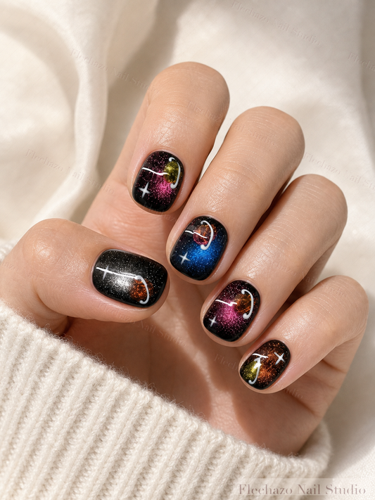 Black Multicolor Cat Eye Galaxy Press-On Nails worn on a model hand