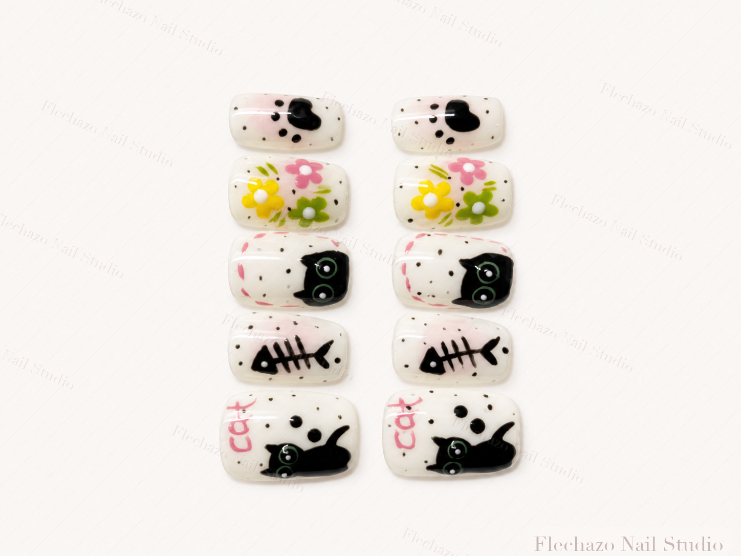 Cream Black Cat Floral Art Press-On Nails handmade press-on nail set, product view