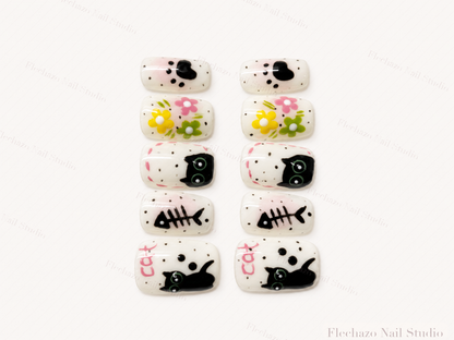 Cream Black Cat Floral Art Press-On Nails handmade press-on nail set, product view
