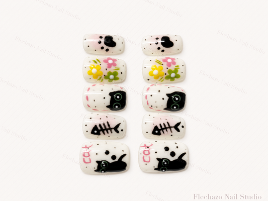 Cream Black Cat Floral Art Press-On Nails handmade press-on nail set, product view