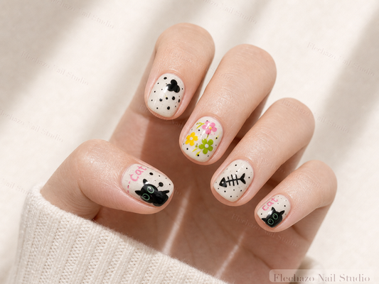 Cream Black Cat Floral Art Press-On Nails worn on a model hand