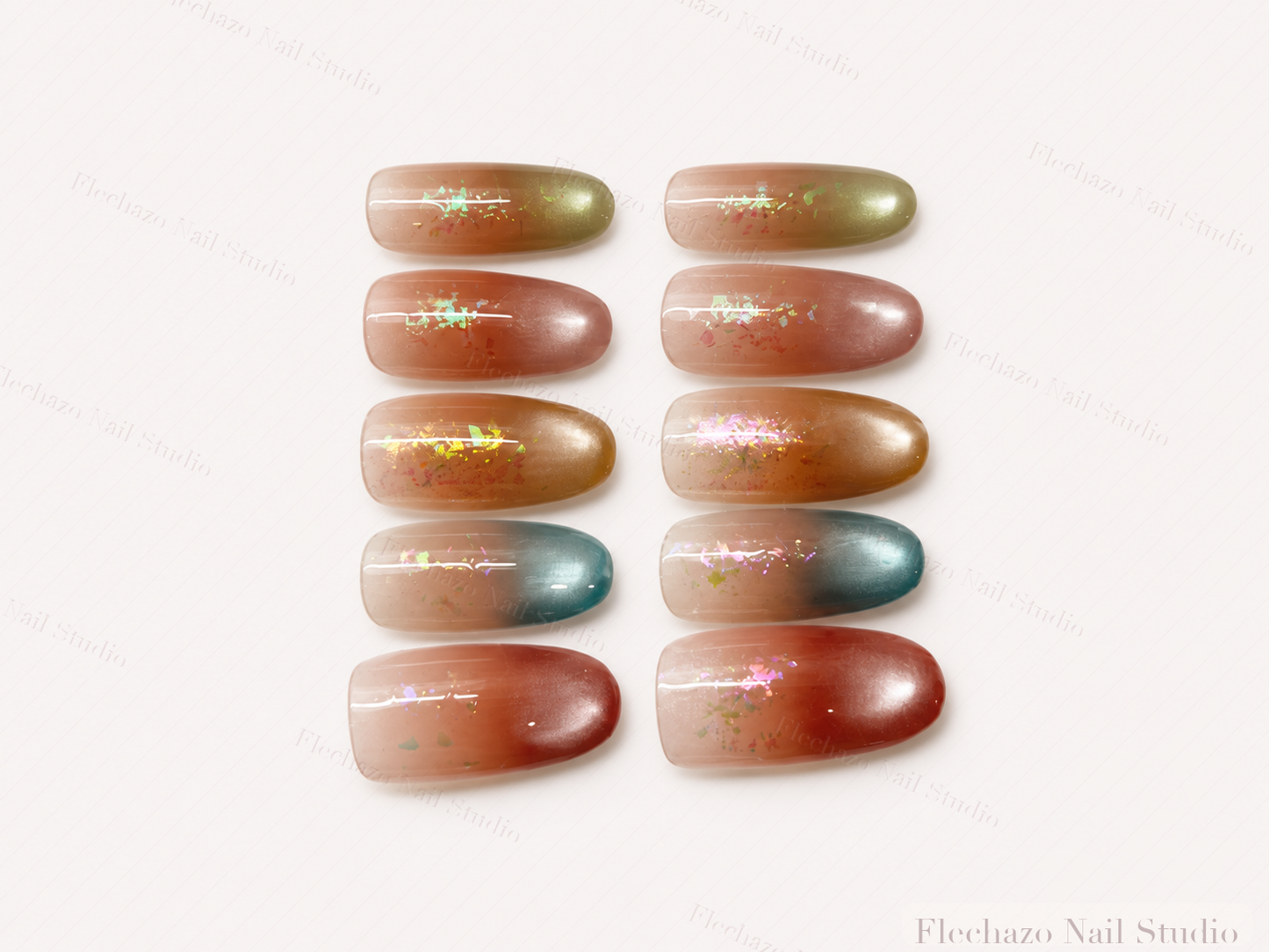 Translucent Nude Multicolor Cat Eye Press-On Nails handmade press-on nail set, product view