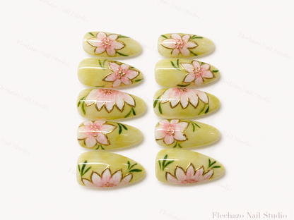 Sage Green Hand-Painted Floral Press-On Nails handmade press-on nail set, product view