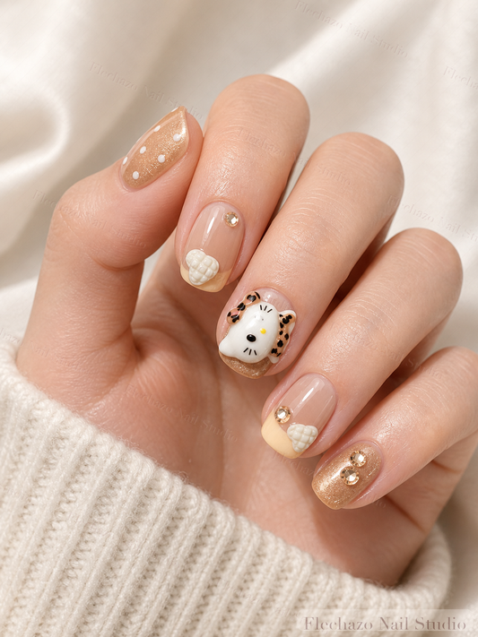Caramel Cream Snowman Winter Press-On Nails worn on a model hand