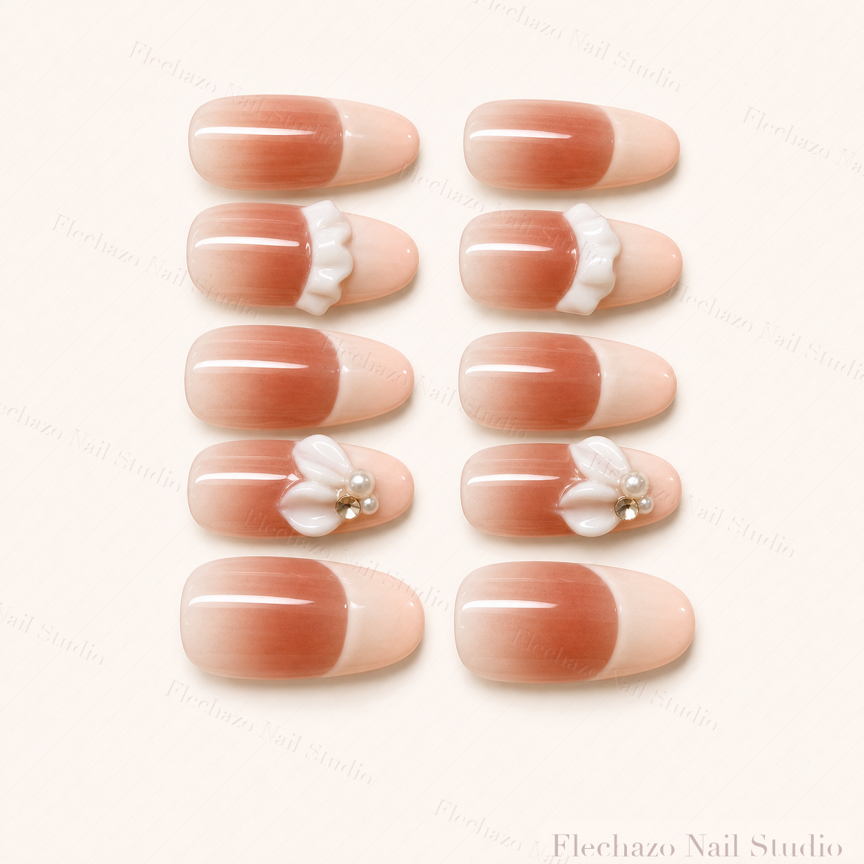 Coral Nude Pearl Bow Floral Press-On Nails handmade press-on nail set, product view