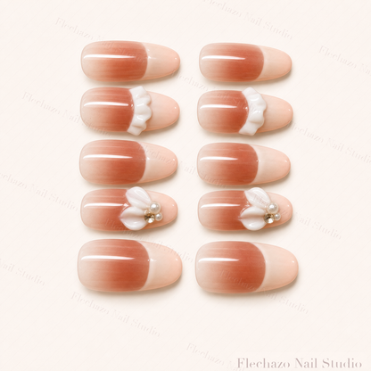 Coral Nude Pearl Bow Floral Press-On Nails handmade press-on nail set, product view