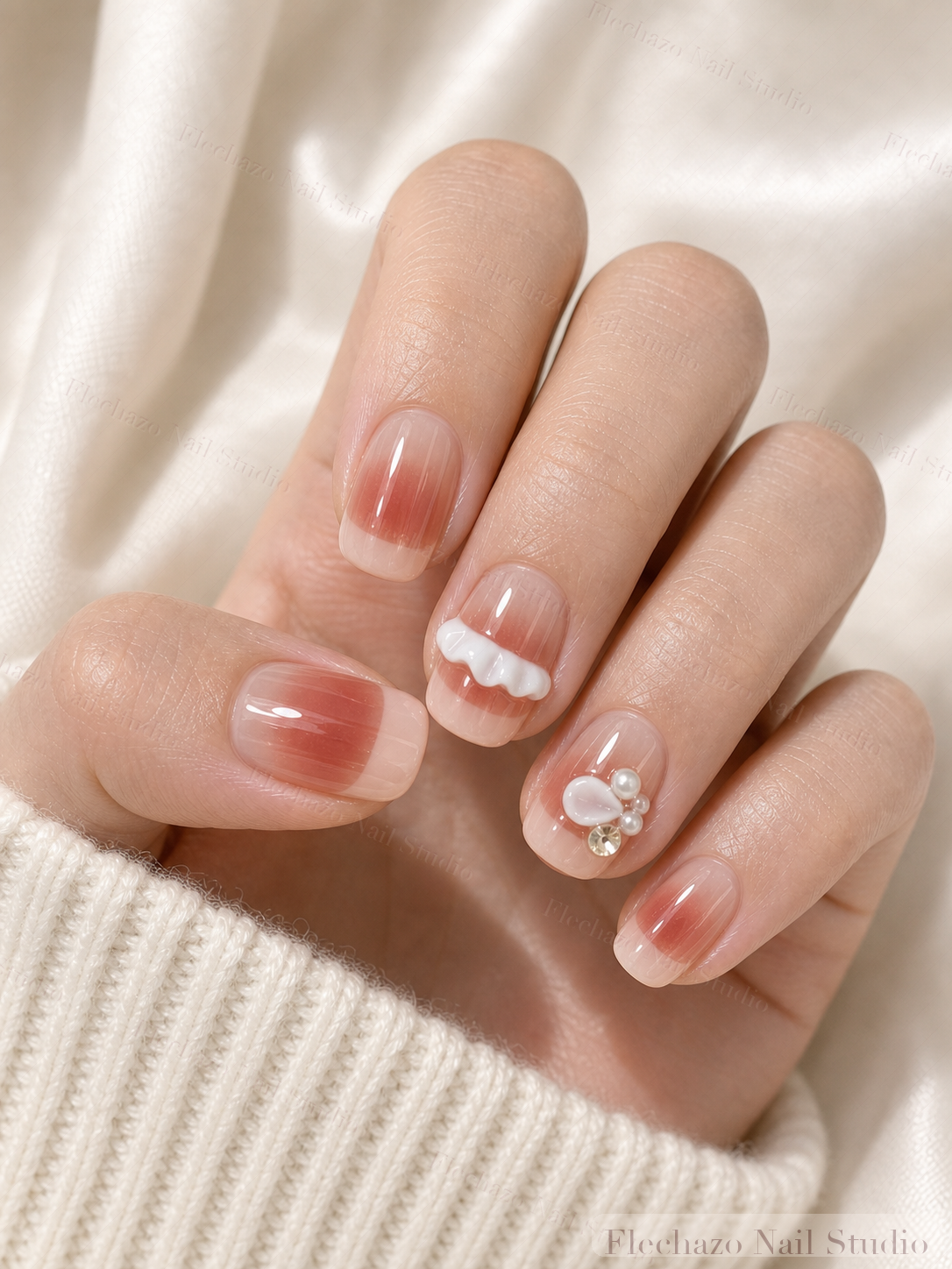 Coral Nude Pearl Bow Floral Press-On Nails worn on a model hand