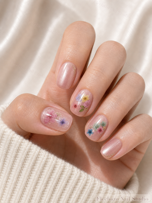 Dusty Pink Watercolor Floral Press-On Nails worn on a model hand