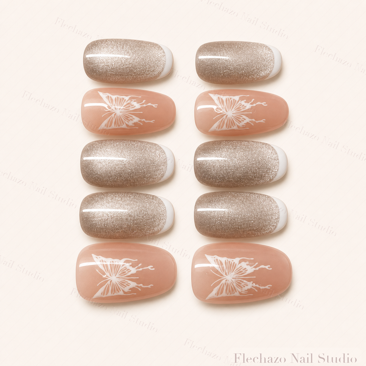 Champagne Silver Snowflake Shimmer Press-On Nails handmade press-on nail set, product view