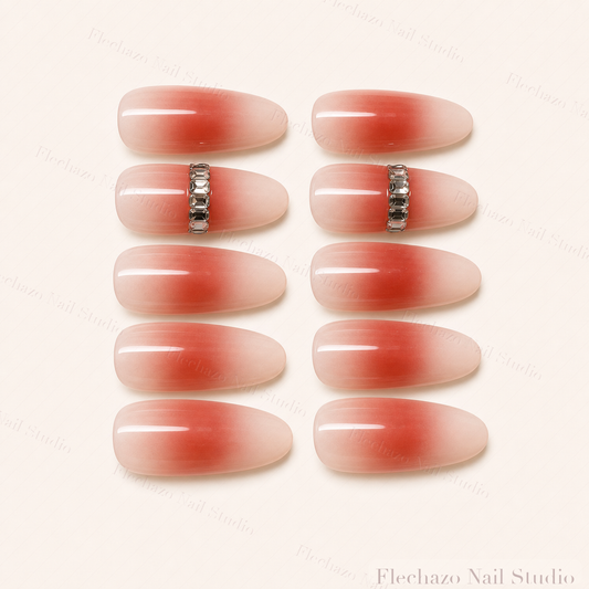 Coral Red Aura Crystal Stripe Press-On Nails handmade press-on nail set, product view