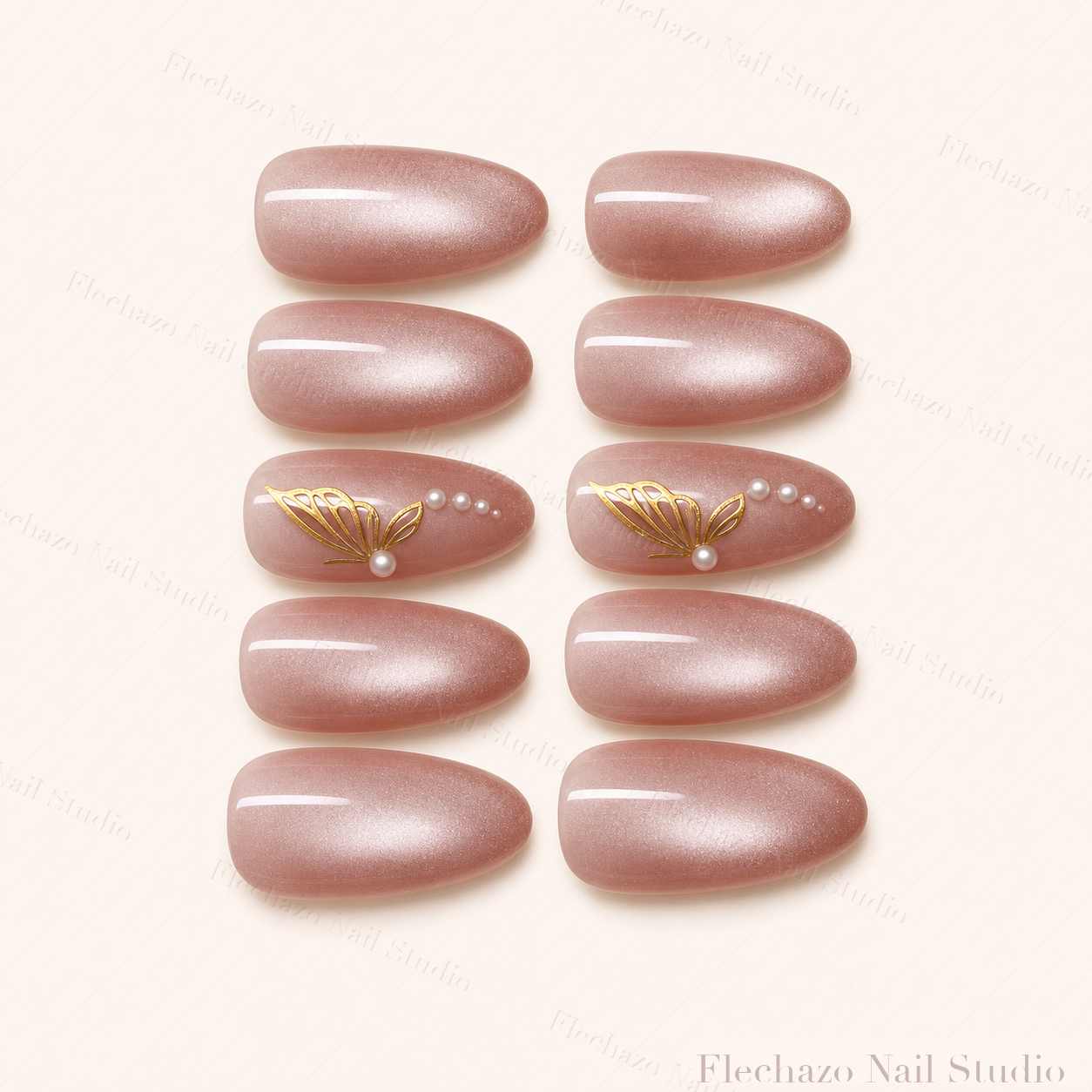 Mauve Nude Gold Butterfly Press-On Nails handmade press-on nail set, product view