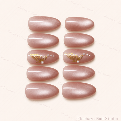 Mauve Nude Gold Butterfly Press-On Nails handmade press-on nail set, product view