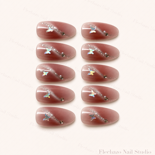 Burgundy Silver Bow Star Press-On Nails handmade press-on nail set, product view